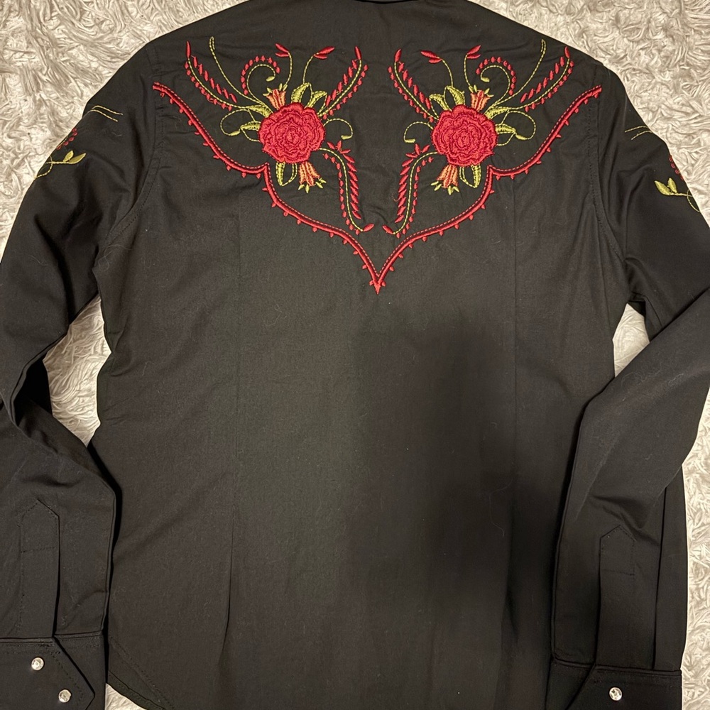Old West Black Western Shirt with Red and Green Embroidery